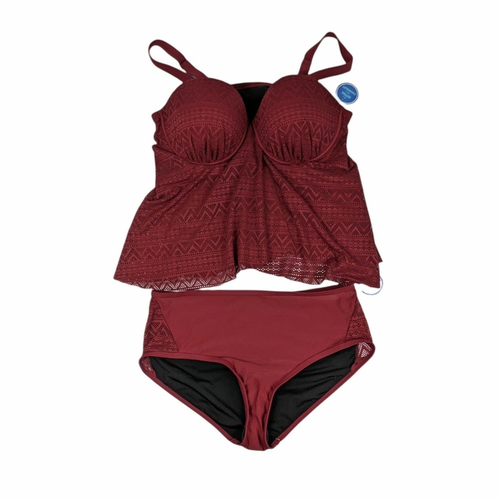 Swimsuits For All Tankini 2 Piece 66201 Padded Top Bikini Burgundy Red Eyelet 18